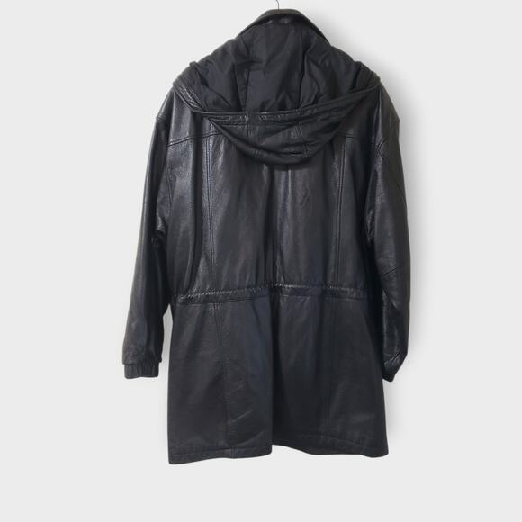 Vtg 80s Wilsons Leather Thinsulate Insulated Quilt Lined Hooded Coat Black Sz L - Picture 4 of 16